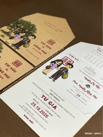 (RR3IN1 - BN072) Thiệp Cưới Gập 3 Có Bao Thư 3IN1