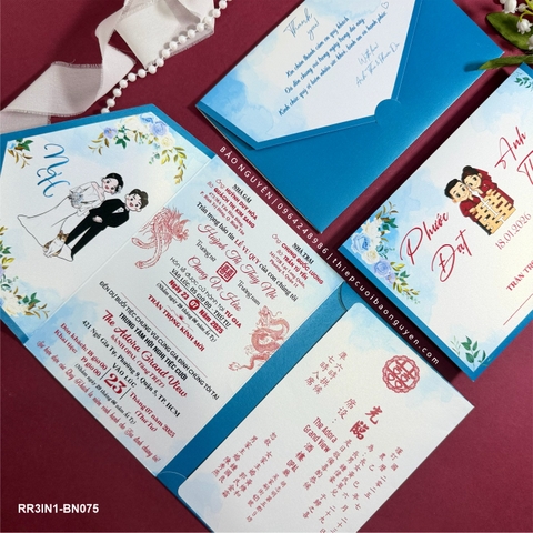 (RR3IN1 - BN075) Thiệp Cưới Gập 3 Có Bao Thư 3IN1 ánh kim thơm
