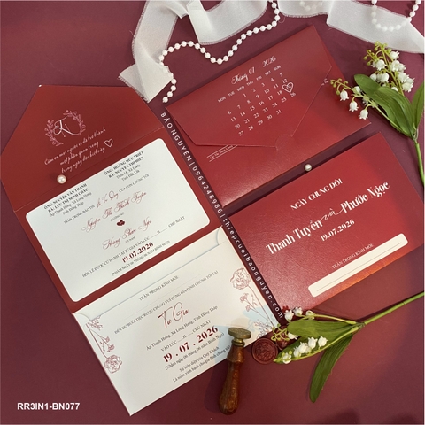 (RR3IN1 - BN077) Thiệp Cưới Gập 3 Có Bao Thư 3IN1 gân 230g
