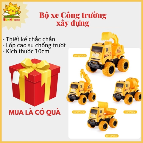 Xe đồ chơi Công trường, gồm 4 loại Xe chở vật liệu, Xe trộn, Cần cẩu, Máy xúc, nhựa ABS an toàn, lốp cao su - Sunny Kids
