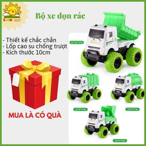 Xe rác đồ chơi, bánh xe lớn bằng cao su, Bộ xe ô tô đồ chơi cho bé có 4 loại cho bé khám phá về môi trường - Sunny Kids