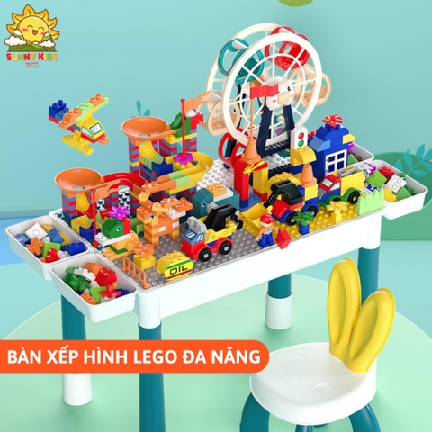 Bộ Bàn Xếp Hình đa năng, kích thước hạt tương thích với Lego Duplo - Kèm 1 Ghế Tai Thỏ
