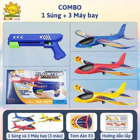 Combo 3 Máy Bay bằng xốp và 1 máy phóng, bộ đồ chơi máy bay cao cấp an toàn cho bé, chứng nhận Intertek - Sunny Kids