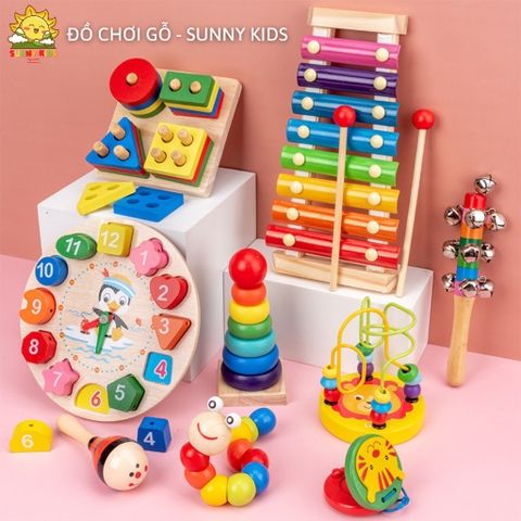 Combo 7 món đồ chơi bằng gỗ, Bộ đồ chơi gỗ thông minh giúp phát triển kỹ năng cho bé, gỗ cao cấp, an toàn - Sunny Kids