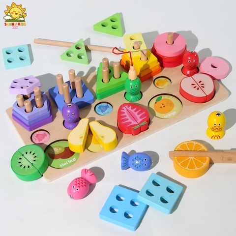 Bảng đồ chơi thông minh bằng gỗ tư nhiên, lắp ráp khối hình cơ bản, đồ chơi câu cá, gắp ong, cắt trái cây - Sunny Kids