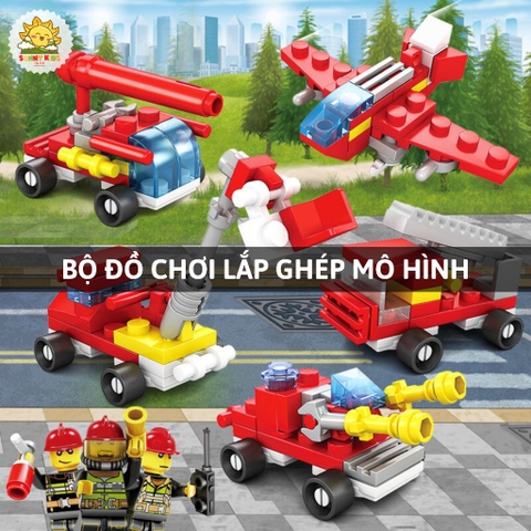 Đồ chơi lắp ráp mô hình xe Cứu Hỏa, 2 IN 1, nhựa ABS cao cấp, khối lắp ghép chắc chắn, bo tròn góc cạnh - Sunny Kids