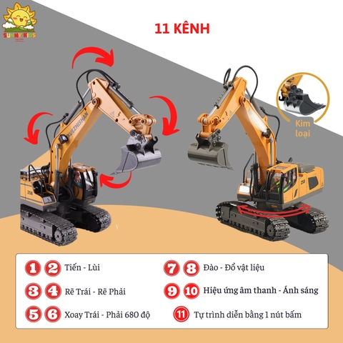 Máy xúc điều khiển từ xa YIGONG, 11 Kênh, Tần số 2.4Ghz, Gàu Đào Hợp Kim