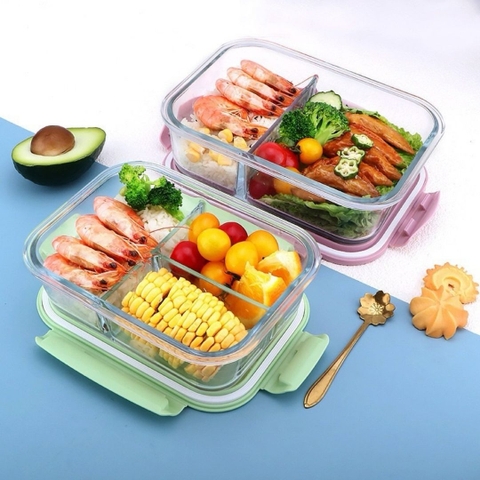 Hộp cơm văn phòng bằng thủy tinh chia ngăn chống tràn dùng được trong lò vi sóng