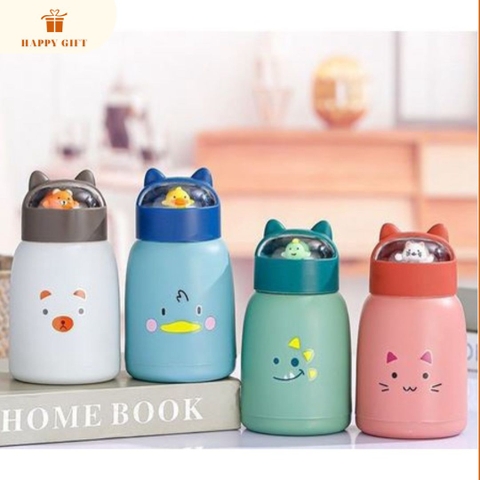 Bình nước giữ nhiệt tai mèo 360ml nắp thú dễ thương lõi thủy tinh bọc nhựa cách nhiệt