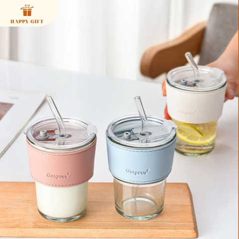 Cốc Nước Thuỷ Tinh Bọc Da Giữ Nhiệt Dễ Thương, Cốc Uống Nước Thuỷ Tinh Chịu Nhiệt Uống Cafe
