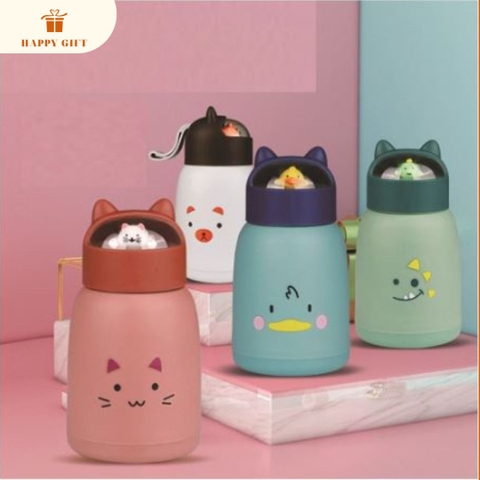 Bình nước giữ nhiệt tai mèo 360ml nắp thú dễ thương lõi thủy tinh bọc nhựa cách nhiệt