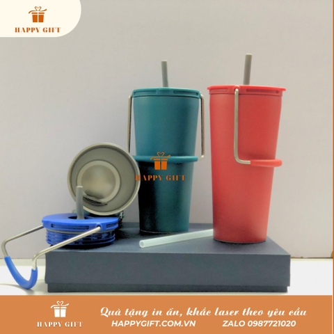 Cốc  giữ nhiệt 500ml, cốc giữ nhiệt inox 304 tặng kèm ống hút và quai xách tiện lợi