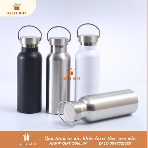 Bình inox giữ nhiệt quai xách hình chai nước, Bình giữ nhiệt in khắc tên logo theo yêu cầu