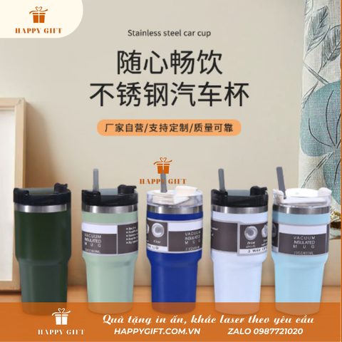 Cốc Coffee giữ nhiệt có ống hút 590ml, Cốc giữ nhiệt inox 304 in logo thương hiệu