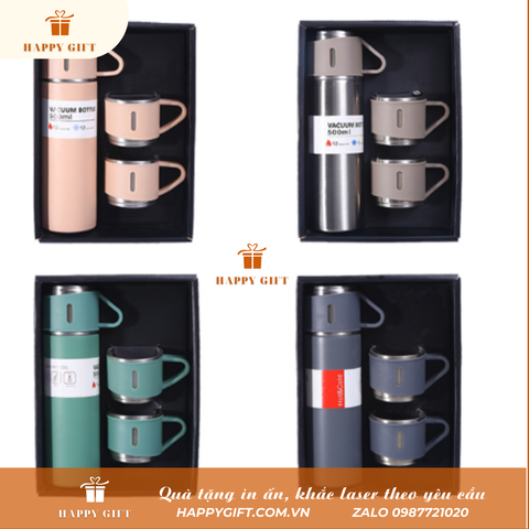 Bộ bình giữ nhiệt inox kèm 2 cốc, Bình giữ nhiệt khắc tên logo thương hiệu