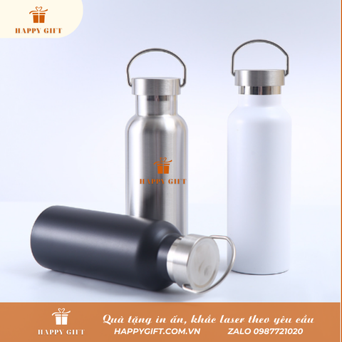 Bình inox giữ nhiệt quai xách hình chai nước, Bình giữ nhiệt in khắc tên logo theo yêu cầu