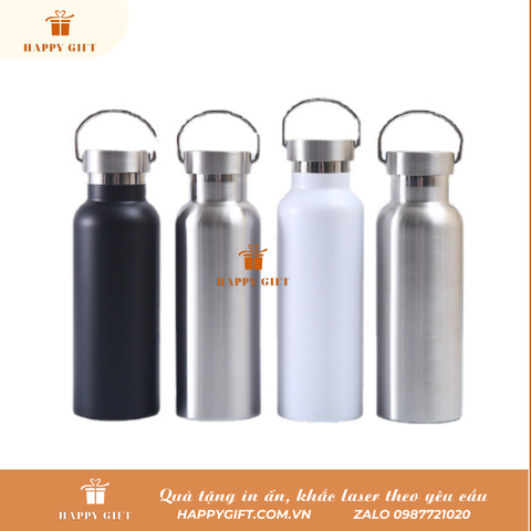 Bình inox giữ nhiệt quai xách hình chai nước, Bình giữ nhiệt in khắc tên logo theo yêu cầu