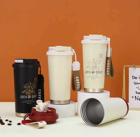 Ly giữ nhiệt coffee dung tích 530ml, thiết kế mới tối giản, tiện lợi có ống hút