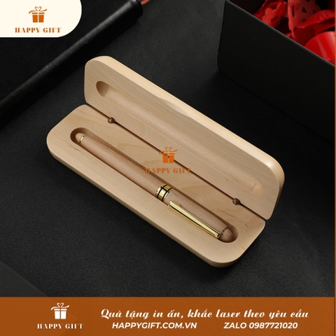 Hộp bút gỗ nắp mở vỏ sò, hộp đựng bút khắc tên, logo thương hiệu, quà tặng doanh nghiệp