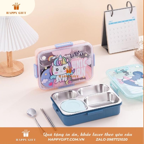 Hộp cơm giữ nhiệt 4 ngăn in hình động vật kèm bát canh