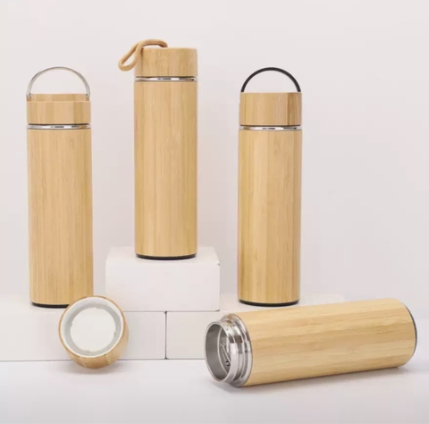Bình Giữ Nhiệt Bằng Tre  Có Quai Xách, Lõi inox 304, KHẮC TÊN CÂU CHÚC THEO YÊU CẦU