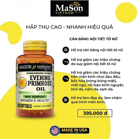 Mason Natural Evening Primrose Oil ( Tinh dầu hoa anh thảo )- Cân bằng nội tiết tố nữ (Lọ 60 viên)