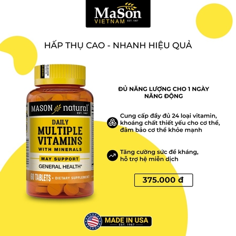 Mason Natural Daily Multiple Vitamins With Minerals - Đủ năng lượng cho 1 ngày năng động ( Lọ 60 viên )