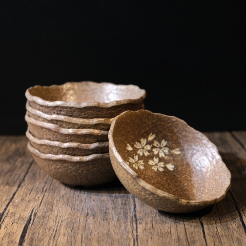 Bát ăn gốm mộc hoạ tiết hoa đào trắng