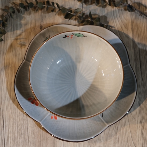 Set bát đĩa men xám vẽ hoa