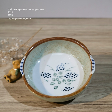 Thố xanh ngọc men tiêu có quai cầm