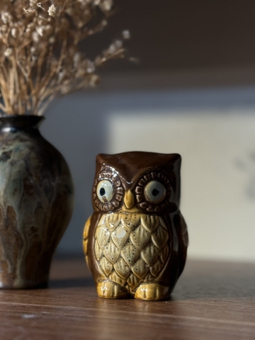 Hũ mộc đựng tiêu hình cú nâu đậm