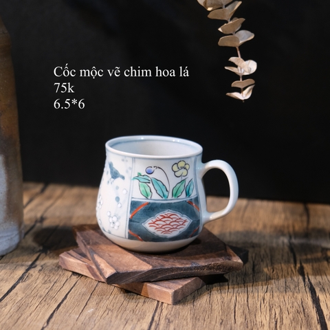 Cốc mộc vẽ chim hoa và lá