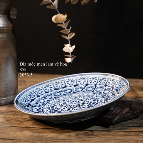 Đĩa mộc men lam vẽ hoa