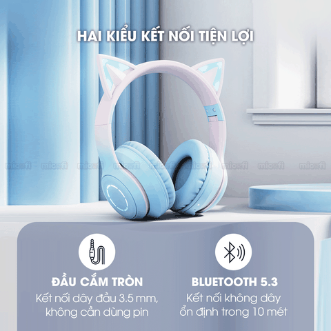 Tai Nghe Bluetooth Micofi Không Dây, Chụp Tai Gaming PC Mèo, Headphone Bluetooth 5.3 Điện Thoại Có Mic Laptop Êm Đèn LED