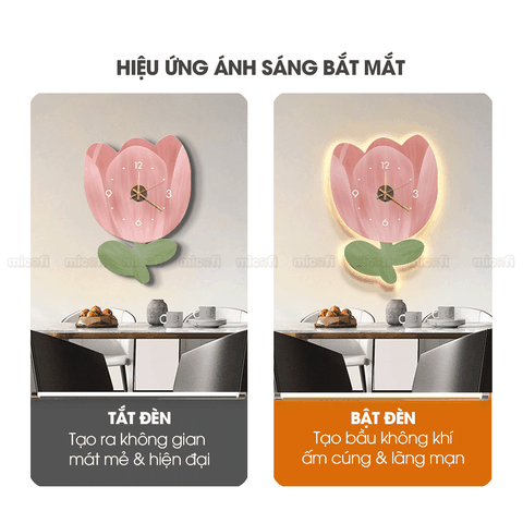 Đồng Hồ Treo Tường Để Bàn Micofi Phòng Khách Decor Phòng Ngủ, Đồng Hồ Đèn LED Trang Trí Gỗ Phát Sáng Cute Gắn Tường Hình Hoa