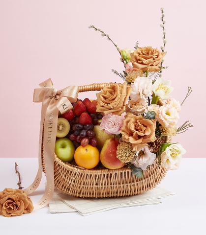 Giỏ Quà Trái Cây Tươi & Hoa Nâu Ấm Áp