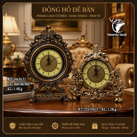 Đồng hồ để bàn trang trí phong cách châu Âu Cổ Điển, Quà tặng tân gia khai trương sinh nhật decor