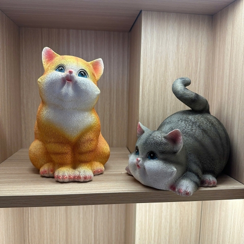 Tượng con mèo vàng mèo xám bột đá đúc trang trí, quà tặng tuổi mão decor tân gia khai trương sinh nhật