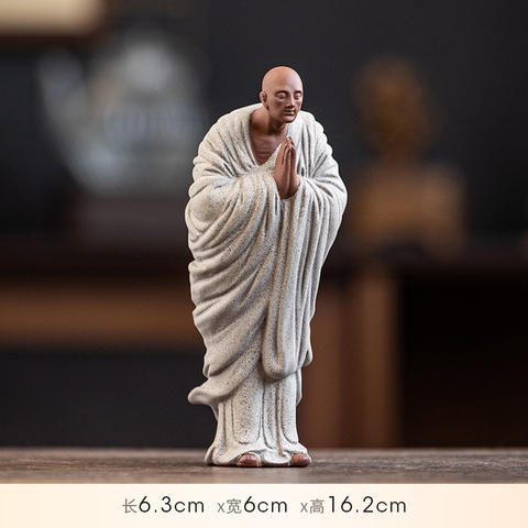 Tượng Gốm Tử Sa Tăng nhân Nhà sư bái phật , Tượng Tu sĩ thành tâm hướng phật Trang Trí Tiểu Cảnh Gỗ Lũa Bàn Trà