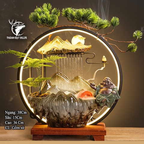 Thác Nước Phong Thủy Di Lặc Gốm Sứ Có Đèn, Tạo Sương, Đốt Trầm, decor Tặng Tân Gia Khai Trương Spa