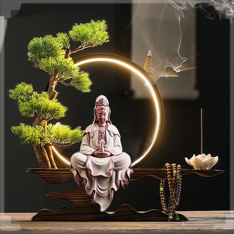 Kệ Gỗ Đặt Tượng Trang Trí Có Đèn Led Đế gỗ Có Thể Đốt Trầm Hương, Quà Tặng Tân Gia Khai Trương Trang Trí Bàn