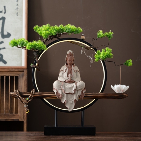 Combo kệ gỗ led kèm tượng quan âm đốt trầm decor trang trí nhà cửa, quà tặng tân gia khai trương