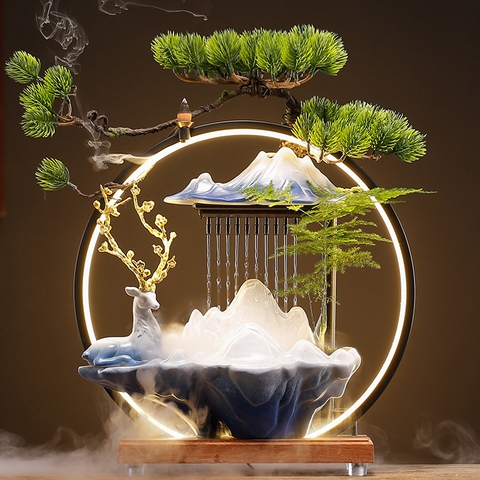 Thác nước, thác khói trầm hương phong thủy cao cấp hình hươu Size 37Cm, Quà Tặng để bàn đem lại may mắn,tài lộc