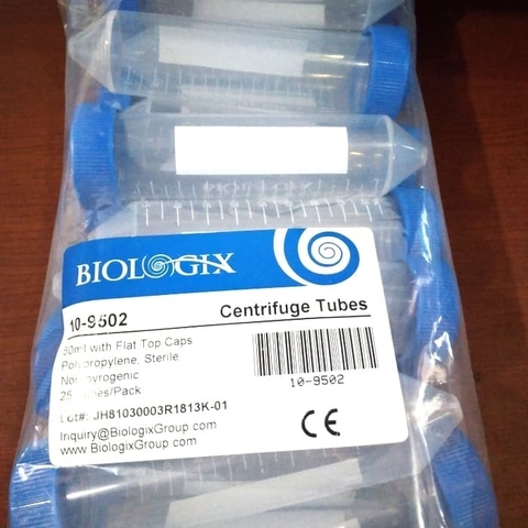 Ống ly tâm nhựa 50ml, 25 cái/ túi, nắp phẳng, tiệt trùng (Centrifuge Tubes), Hãng Biologix- USA
