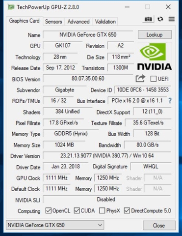 Card màn hình Gigabyte GTX650 OC 1Gb DDR5 GV-N650OC-1GI GJ
