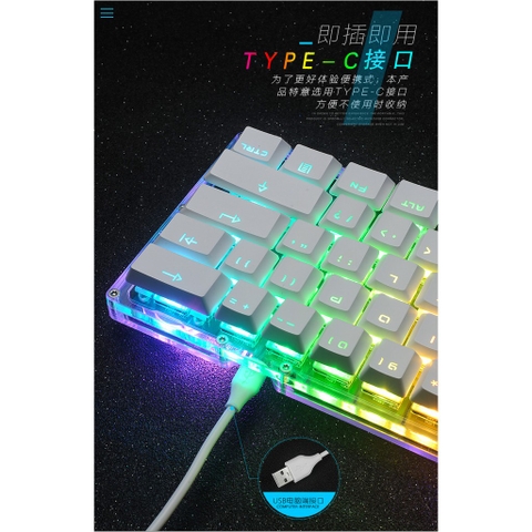 Bàn phím cơ mini, size 60%, vỏ trong suốt, led RGB, led gầm, Arms Cool