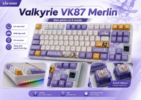 Bàn Phím Cơ Valkyrie VK87 Merlin (Cũ) - Màn Hình LCD, 3 Mode, Valkyrie Linear | MKShop