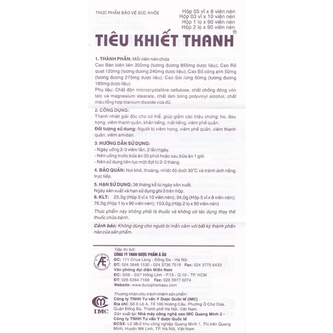 TIÊU KHIẾT THANH [Hộp 30 viên nén] Hỗ trợ giảm viêm đường hô hấp