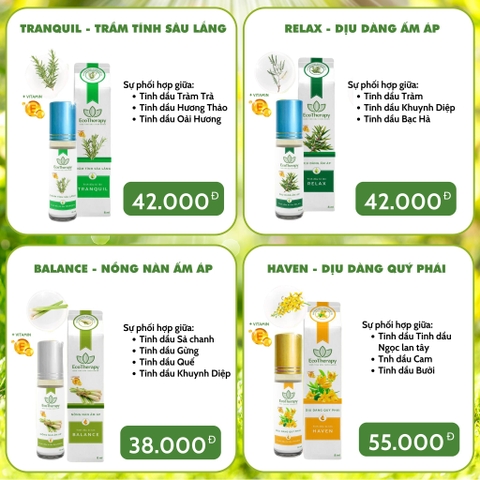 [COMBO] 4 Tinh dầu bi lăn EcoTherapy - Liệu pháp thiên nhiên giúp giảm căng thẳng, mệt mỏi