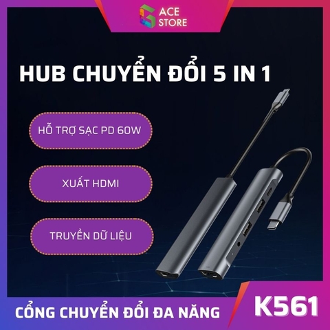 Cổng chuyển đổi đa năng Hub Type-C to 5 in 1 hỗ trợ HDMI K561, Jack 3.5mm, USB 3.0, Sạc PD 60W
